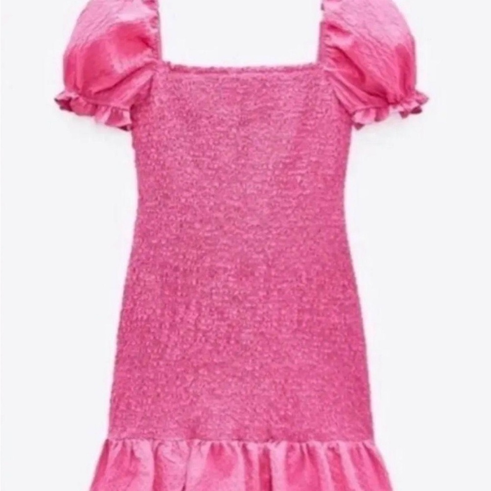 Zara Pink Mini Sundress with Ruffled Hem and Puff Sleeves